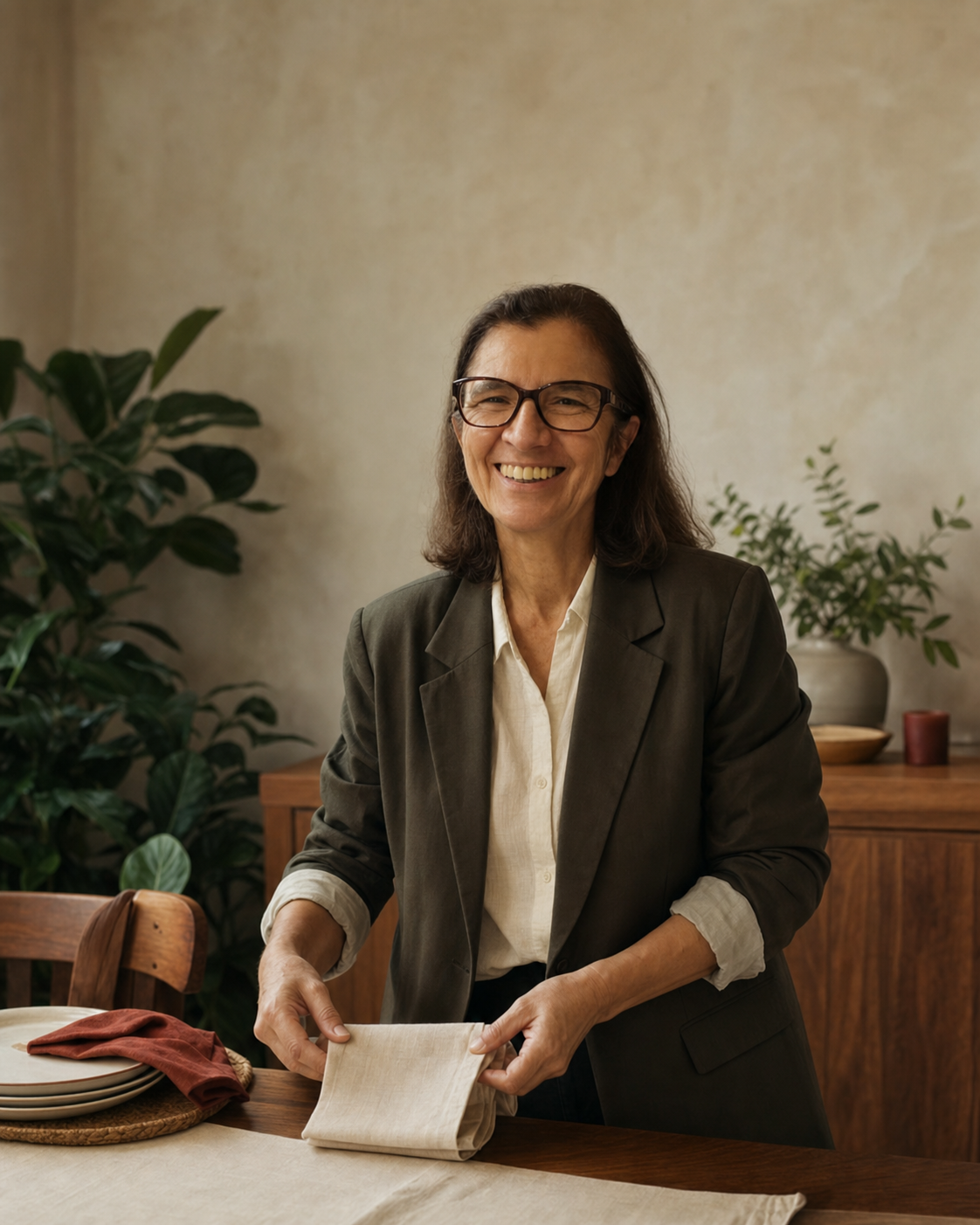 Estelita sorrindo enquanto organiza a mesa de uma casa